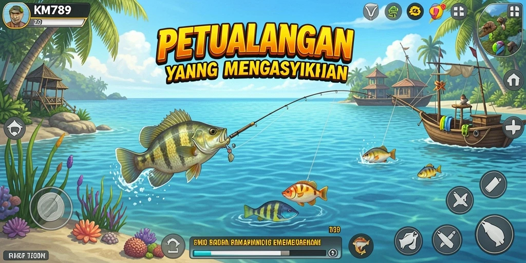 Gameplay KM789 yang menampilkan pengalaman memancing yang realistis.