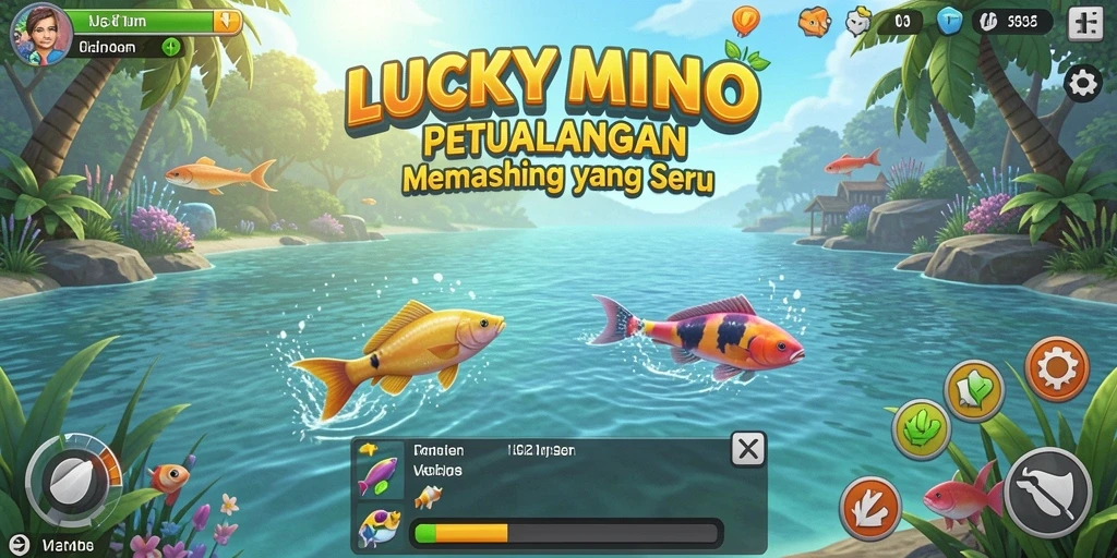 Tampilan gameplay LUCKYMINO dengan aksi memancing yang seru.
