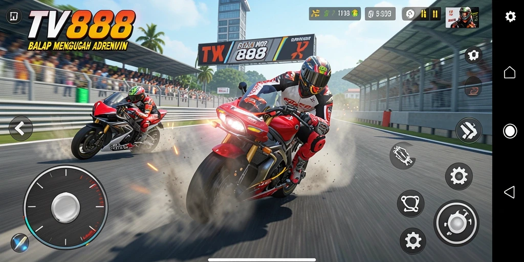 Screenshot utama menunjukkan balapan mendebarkan di trek motor.